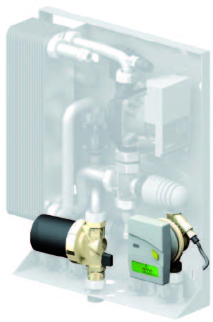 A hot water secondary return kit, consisting of a pump and associated fittings, mounted on a white wall unit.