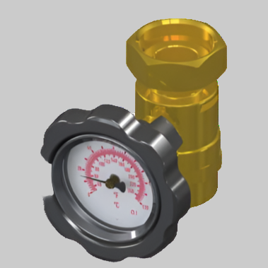A ball shut-off valve kit including a thermometer with a color-coded scale and gasket, predominantly black and yellow in color.