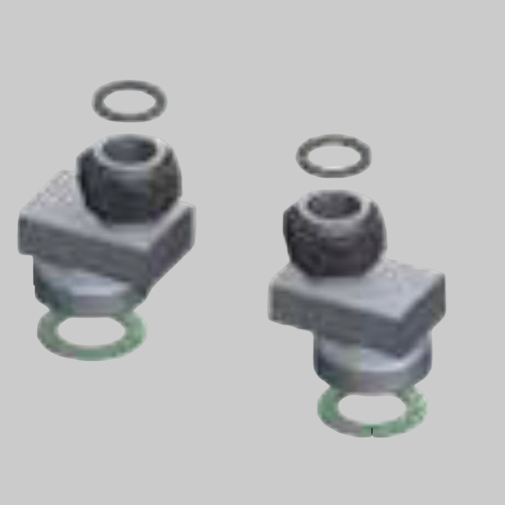 Two metal plumbing connectors with measurements on a white background