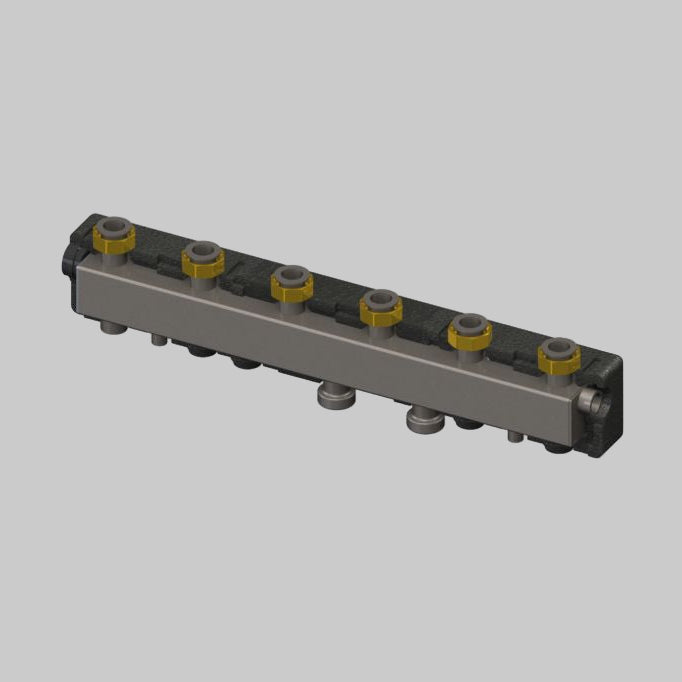 A digital rendering of a gray zone manifold with nut connections for HVAC systems.
