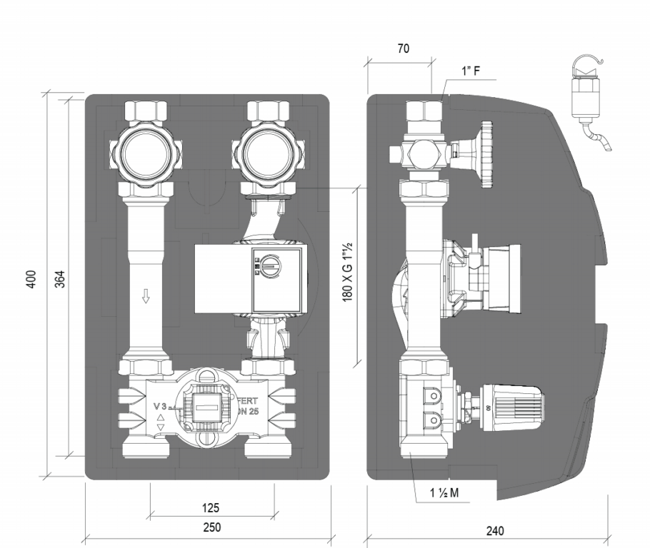 KTC-125 DN25 - Thermostatic Pump Group - KOMPAT DN25