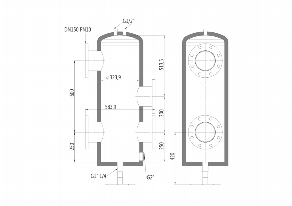Hercules Heating Pump Group, Low Loss Header Dimensional Drawing