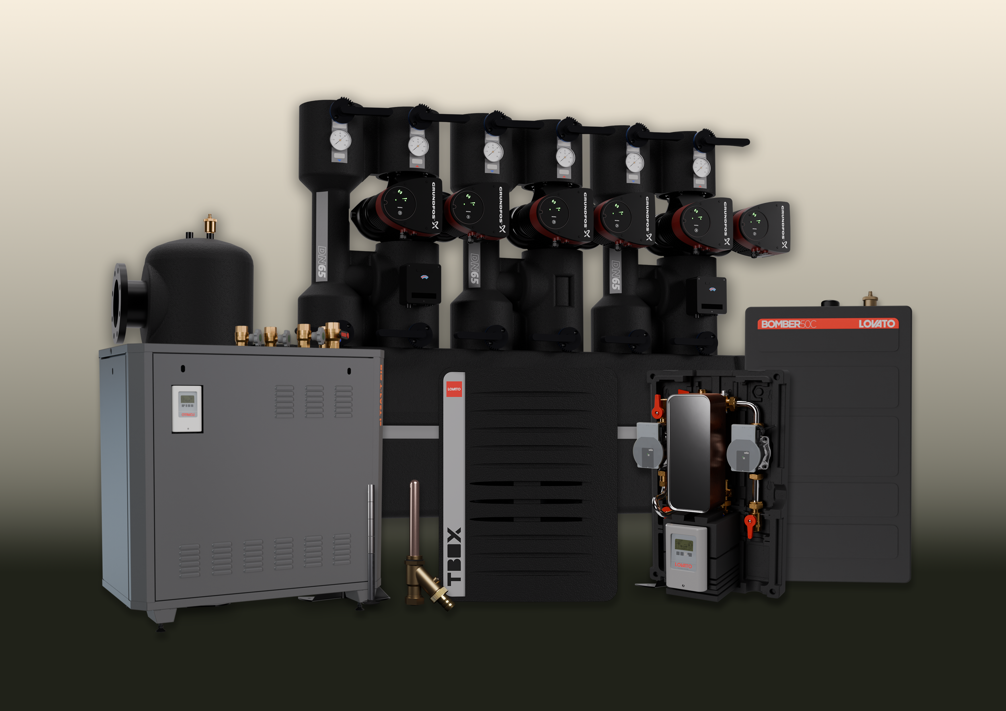 Lovato Products including T-FAST Hot Water Heater, T-BOX Heating Pump Group, Bomber Hybrid Pump Group Magnetic Filtration, Hercules Heating Pump Group, Grundfos Pump, Wilo Pump
